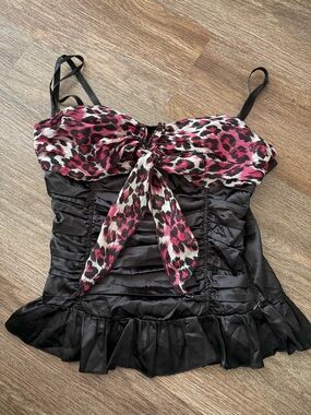 Black Ruched Bow-Front Camisole Top with Pink Leopard Print